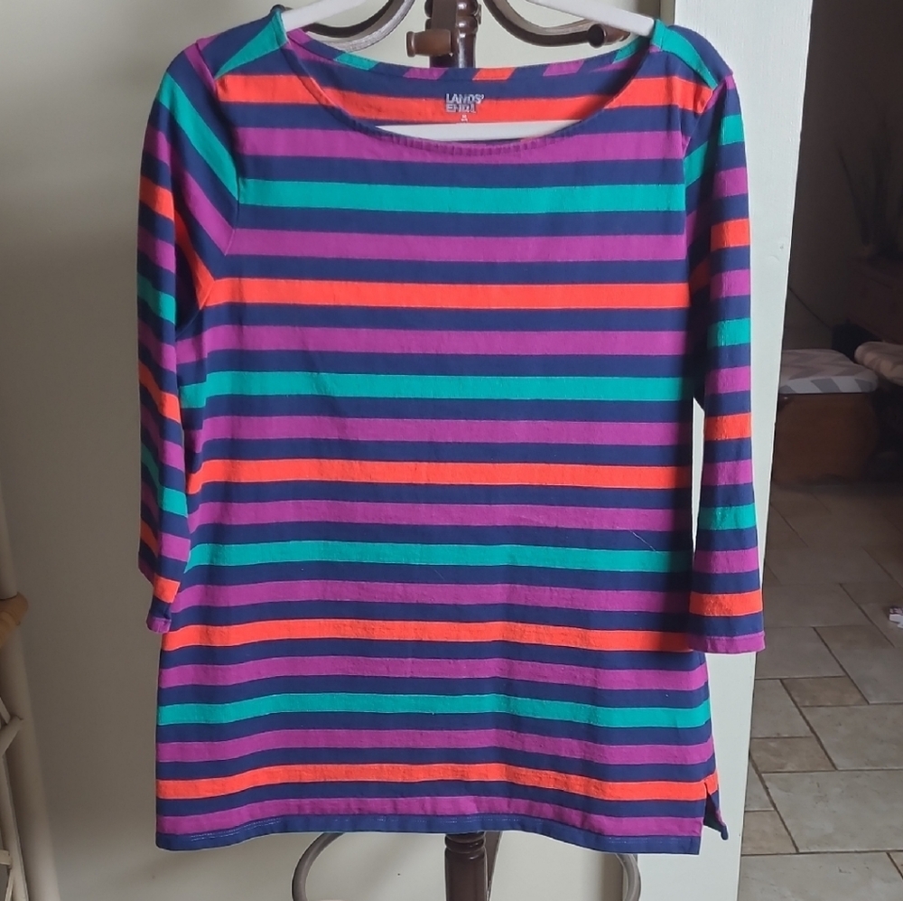 Lands' End Women Half Sleeve Stripe Tee in Purple, Teal & Orange Size Medium
